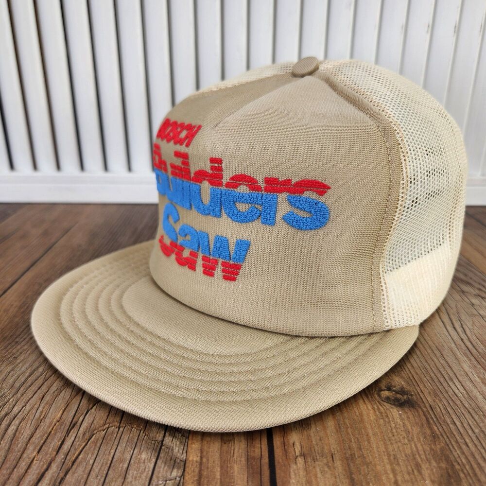 VTG Bosch Builders Saw Trucker Hat Beige Snapback Mesh 80s Challenger Caps USA